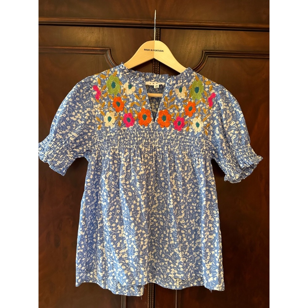 THML Embroidered Floral Print Top Smocked Puff Sleeves XS